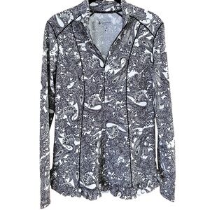 Coolibar SPF 50 Black & White Paisley Zip-Up Blouse with Ruffled Edges Size M